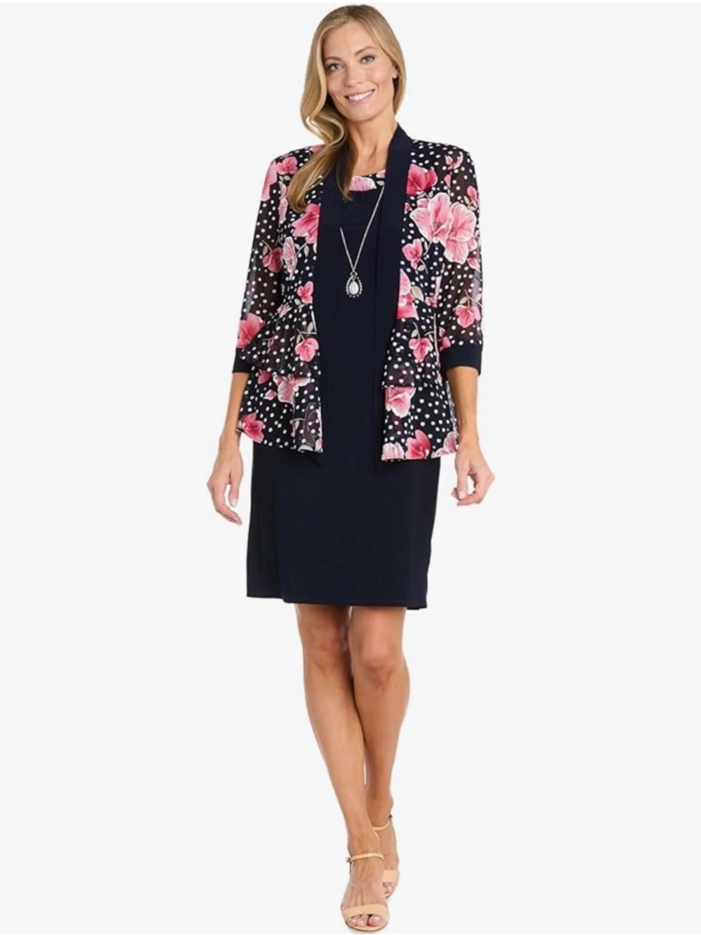 R&M Richards Navy Sheath Dress with Pink Floral Jacket